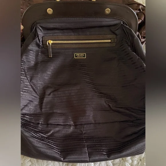 PRADA Nappa Gaufre Ruched Frame Large Bag Brown Soft Leather Tote Purse - Picture 8 of 16